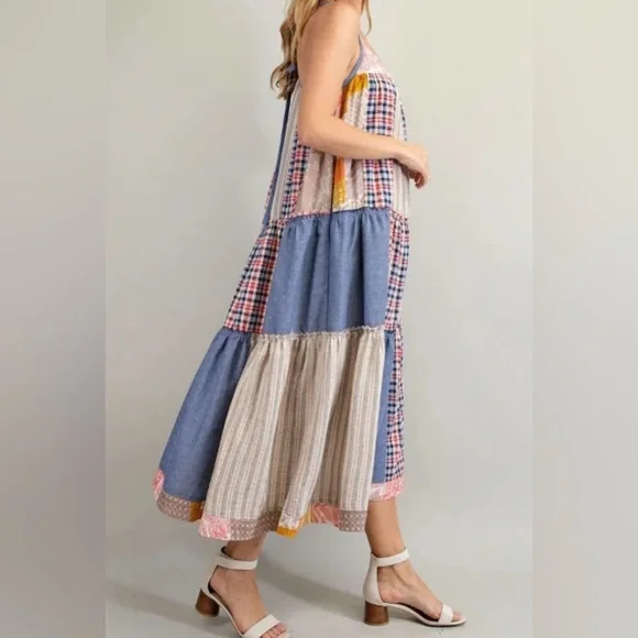 NWT Easel Boho Patchwork Maxi Dress Size M Linen Cotton Adjustable Festivals - Picture 3 of 15
